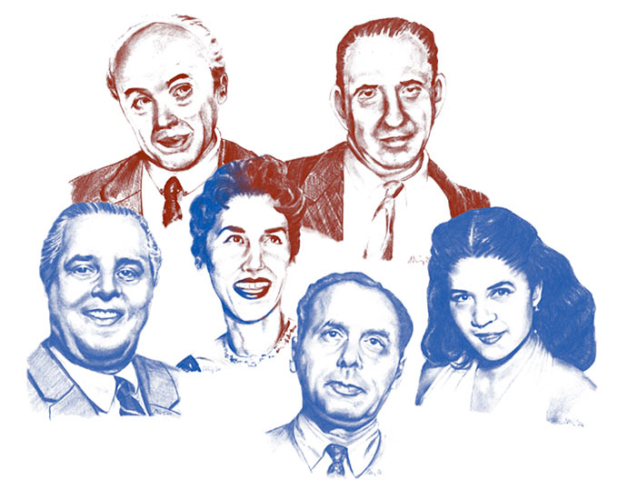 de haut en bas et de gauche  droite: Max Gordon, Herbert Jacoby, Lorraine Gordon, Alfred Lion, Francis Wolff, Ruth Mason © Dessins par Sandra Miley