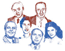 de haut en bas et de gauche  droite: Max Gordon, Herbert Jacoby, Lorraine Gordon, Alfred Lion, Francis Wolff, Ruth Mason © dessin par Sandra Miley